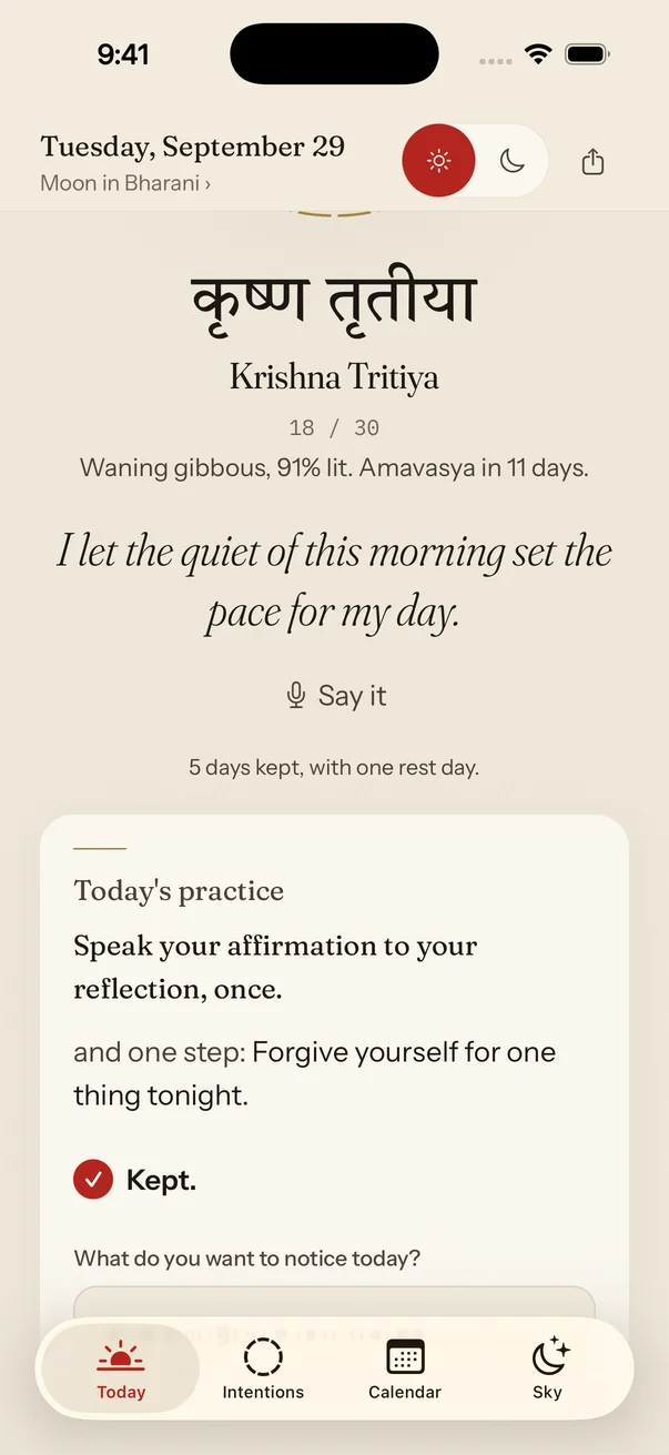 Today's practice, marked as kept, with the evening question “What do you want to notice today?”