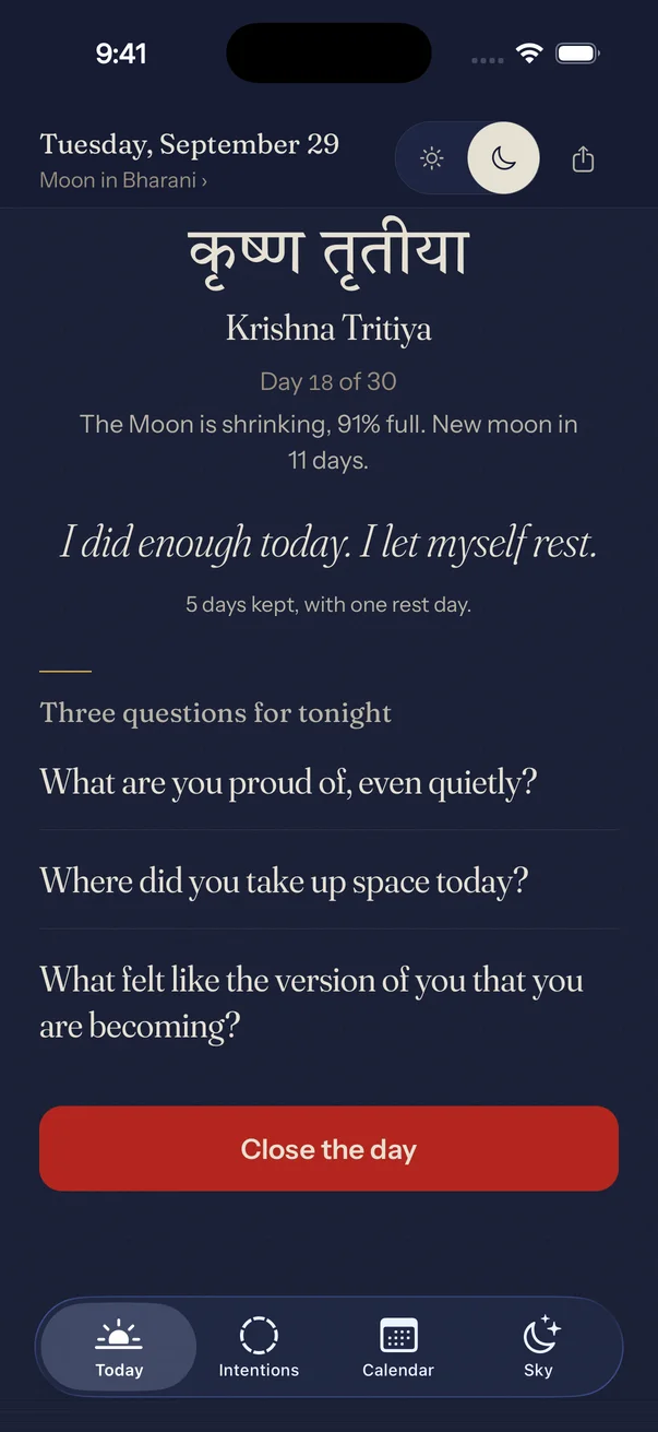 The Today screen at night in indigo: “I did enough today. I let myself rest,” and three questions for tonight.