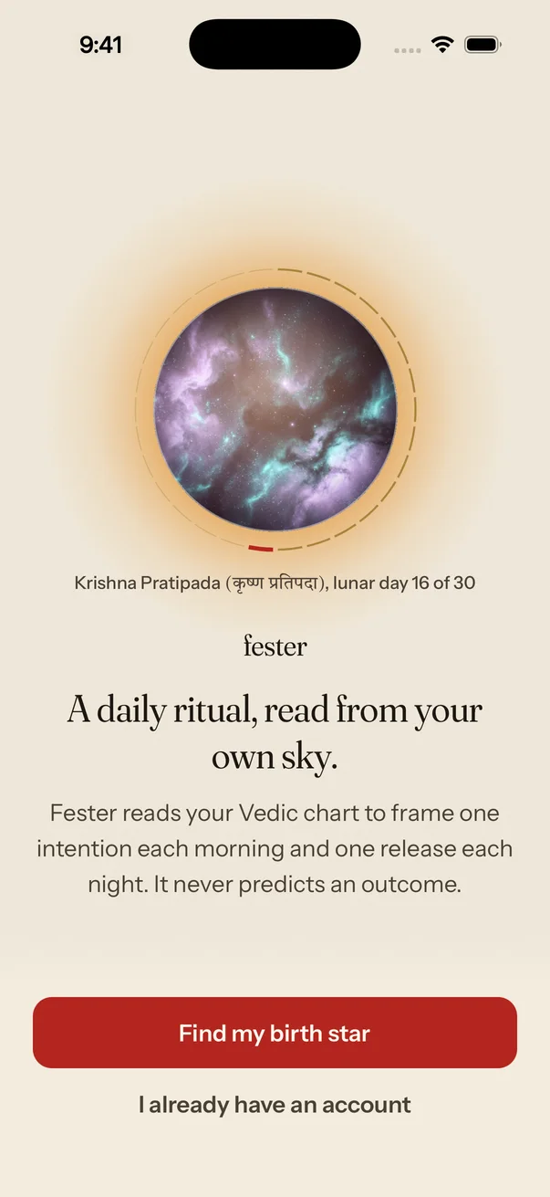 The FESTER welcome screen: the Moon in its ring and “A daily ritual, read from your own sky.”
